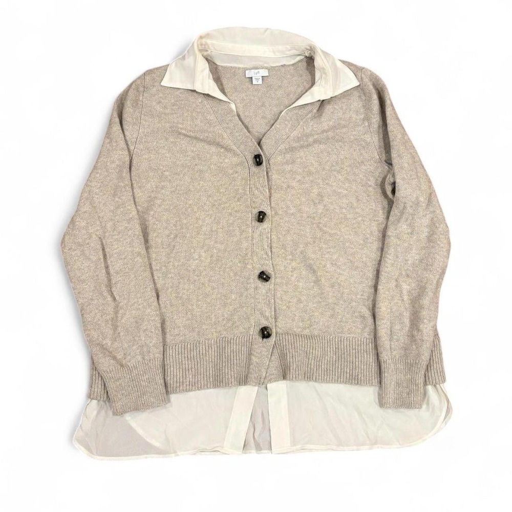 J.Jill Gray Layered Look Cardigan Sweater White Collar Shirt Hem Womens Size M
